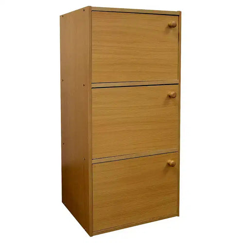 Ore International 35.5" 3 Level Bookshelf with Doors Tan Wood: Modern Style, Metal Hardware, Wood Frame