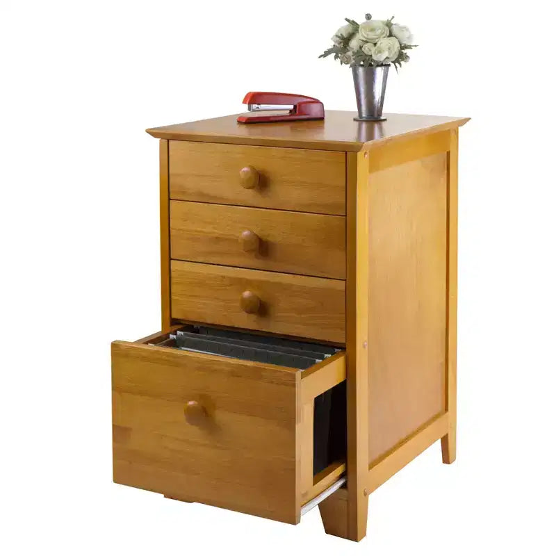 Meuble de classement de studio à 4 tiroirs brun miel : Rangement vertical, bureau à domicile, compatible avec les bureaux en L