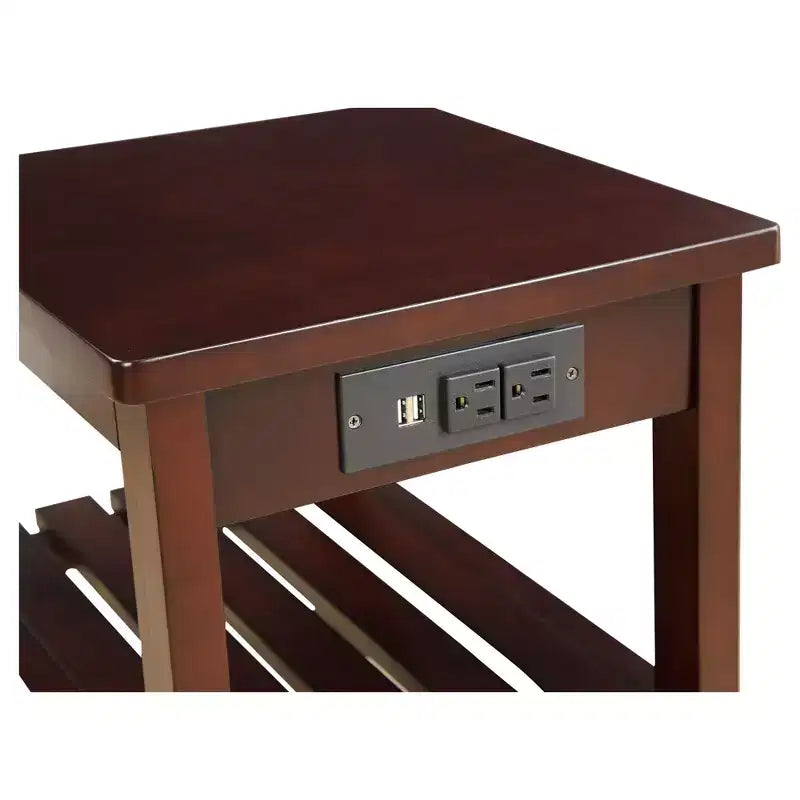 Table d'appoint Wasaki avec ports USB et étagères : 2 niveaux, rangement avec prise électrique